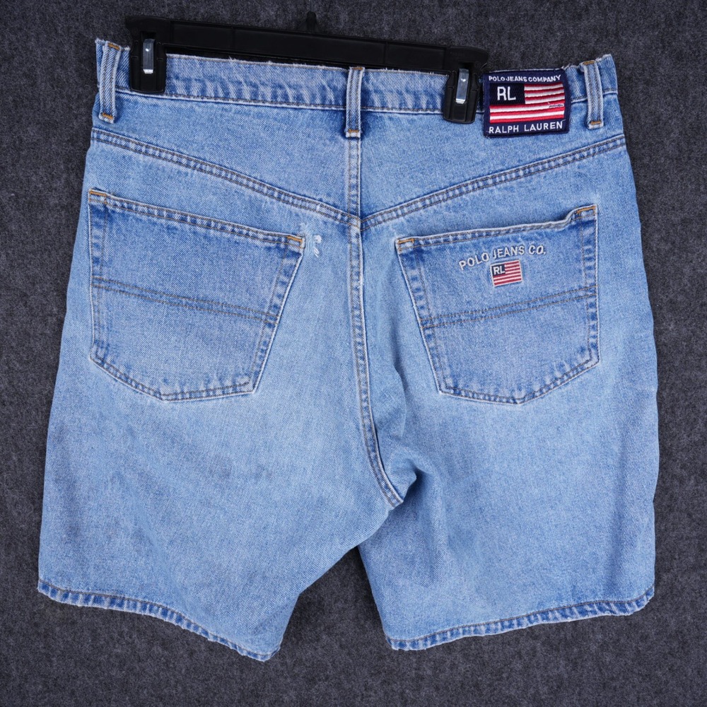 Vintage Polo Jeans Ralph Lauren Denim Shorts Mens 32 Blue Fair Distressed Logo